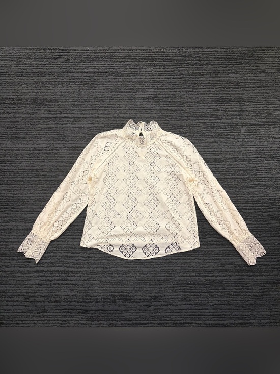 Mango Tops - MANGO Floral Crochet Lace Balloon Sleeve Keyhole Back Cream Blouse